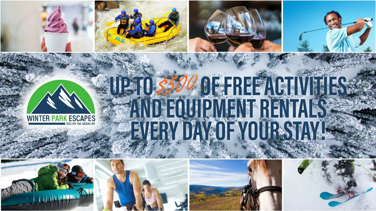 A vibrant exterior montage showcasing an array of outdoor adventures: families rafting, golfing, skiing, horseback riding, and enjoying gourmet dining. The atmosphere is playful and exciting, with scenic backgrounds highlighting the Colorado setting. The image conveys a sense of memorable vacations and access to curated experiences.