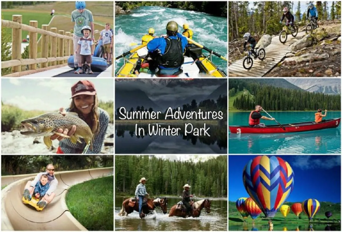This vibrant image showcases families enjoying a variety of outdoor activities against a scenic mountain landscape. Water sports, rafting, biking, fishing, canoeing, horseback riding, and hot air ballooning are all depicted, creating a sense of summer adventure and community fun.